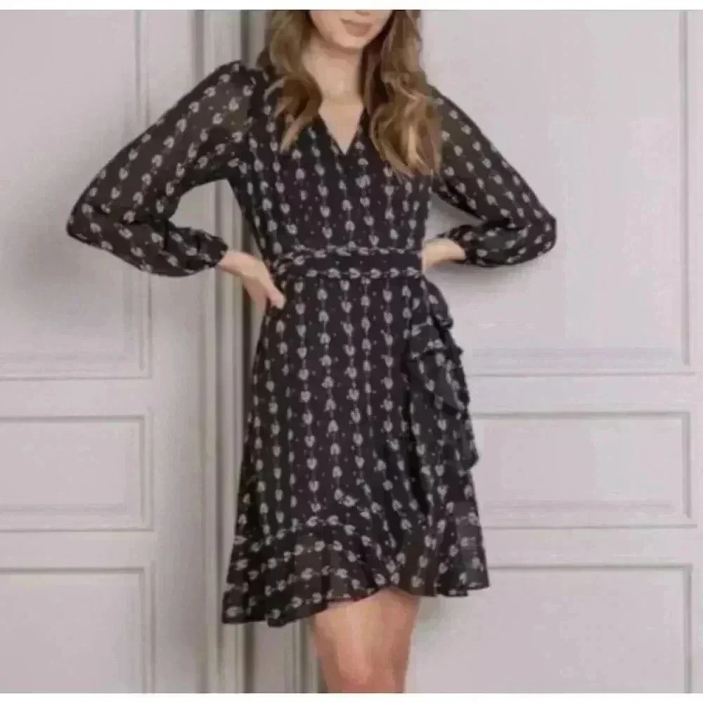 Senlis Bella Faux Wrap Dress Black Gold Medium Ruffle Hem 1359